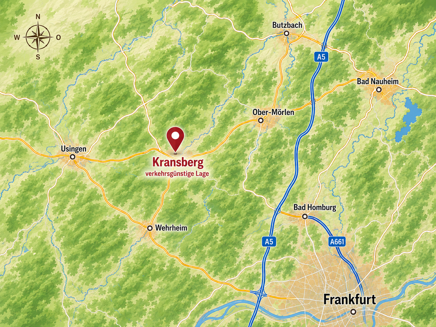 Übersichtskarte rund um Kransberg mit Frankfurt, Bad Homburg, Bad Nauheim, Butzbach und Usingen